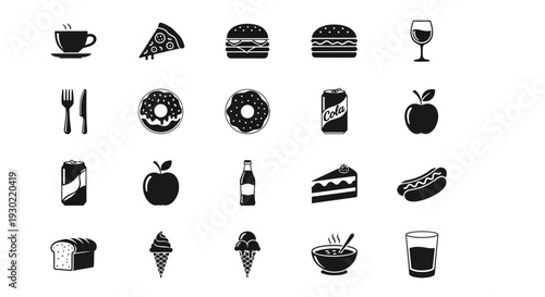 Various food and drink items presented as a black silhouette