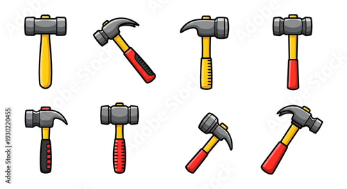 A set of eight hammer icons in various orientations, featuring claw hammers, sledgehammers, and carpenter hammers with red and yellow handles, against a clean white background in a flat