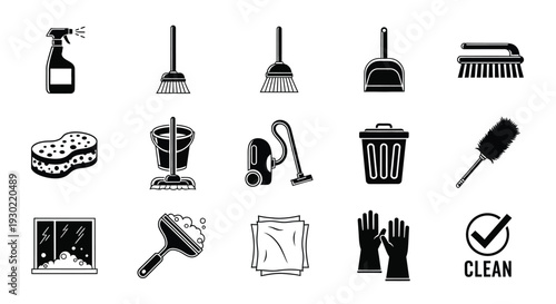 Various cleaning tools and supplies depicted in black silhouette