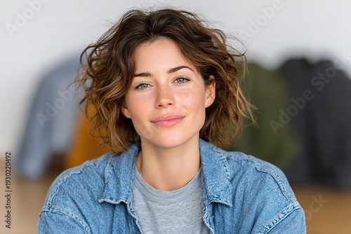 A young woman with brown hair and a denim jacket smiles softly
