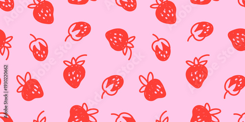 Seamless modern horizontal summer monochrome minimal bright berry pattern with small red strawberries on a pink background; drawing, simple cute hand-drawn vector illustration in flat style