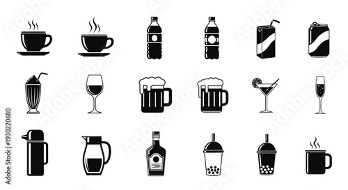 Variety of beverage containers and drinks in black silhouette