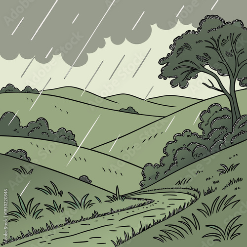 Serene Vintage Rain Landscape Illustration with Rolling Green Hills, a Path or Stream, Bushes, and a Tree under a Cloudy Sky, Evoking a Peaceful Rainy Day.