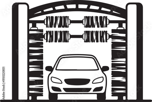 Front view of an automatic tunnel car wash system with spinning brushes and cleaning equipment for vehicle maintenance illustration
