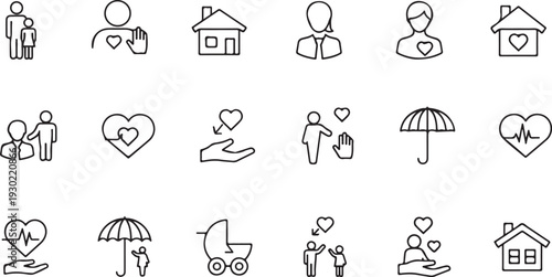 A collection of 20 simple line icons depicting relationships love and family