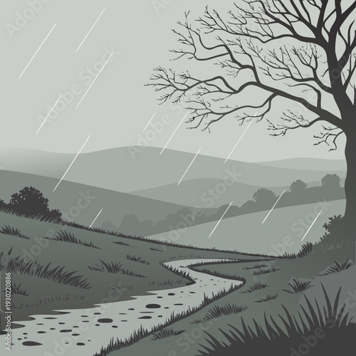 Monochromatic Vintage Rain Landscape Illustration with Rolling Hills, a Winding River or Stream, and Barren Trees under a Grey Sky, Evoking a Somber Rainy Day.