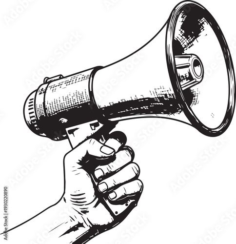 Hand holding megaphone, announcing, shouting, protest symbol, vintage style loudspeaker, communication device, black and white illustration, isolated on transparent background