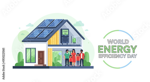 Illustration of a family standing in front of an energy-efficient house with solar panels on the roof, celebrating World Energy Efficiency Day with a green and blue logo, conveying