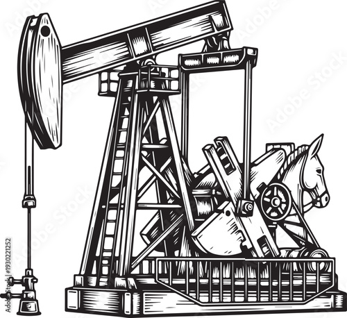 Oil derrick pump jack with nodding horse head mechanism for crude oil extraction in petroleum industry for energy production and natural gas wells
