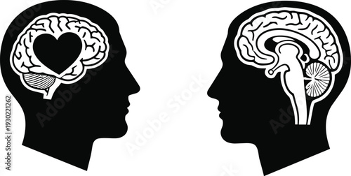 Human head silhouette with brain and heart symbol, emotional intelligence concept, psychology neuroscience vector illustration isolated on background