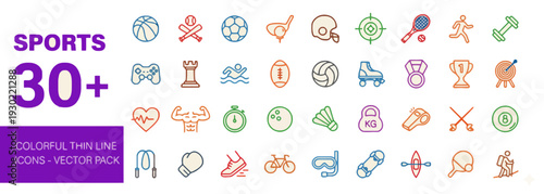 Collection of thirty plus colorful sports icons in various styles and vector formats
