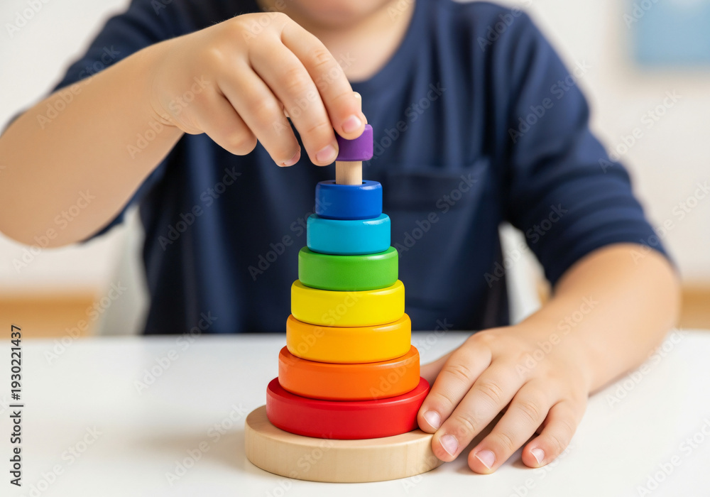 Fototapeta premium Child's Hands Arranging Rainbow Stacking Rings