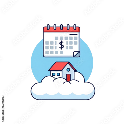 A calendar with a dollar sign above a house resting on a cloud, symbolizing financial planning for housing.