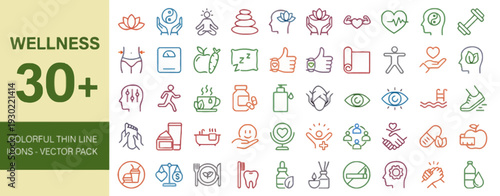 Collection of colorful icons representing wellness concepts in a flat design style viewed from directly above