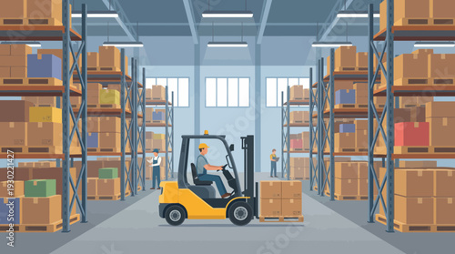 Warehouse Logistics Vector Illustration with Forklift Driver Moving Boxes on Pallets in Storage Racks. Industrial Inventory Management Flat Design Graphic