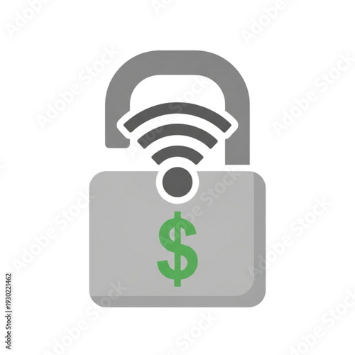 Illustration of an open padlock featuring a Wi-Fi symbol and a dollar sign, symbolizing paid wireless internet access.