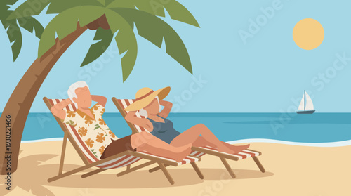 Elderly Couple Relaxing on Tropical Beach Vector Illustration