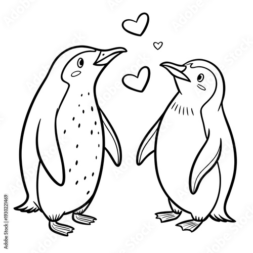 Simple cute doodle line art vector, two adorable penguins facing each other holding flippers with a small heart floating between them, minimal black line drawing on pure white background, strictly bla