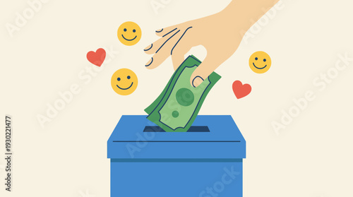 Hand Putting Money into Donation Box Vector Illustration - Charity, Giving, and Social Contribution Concept Flat Graphic Design