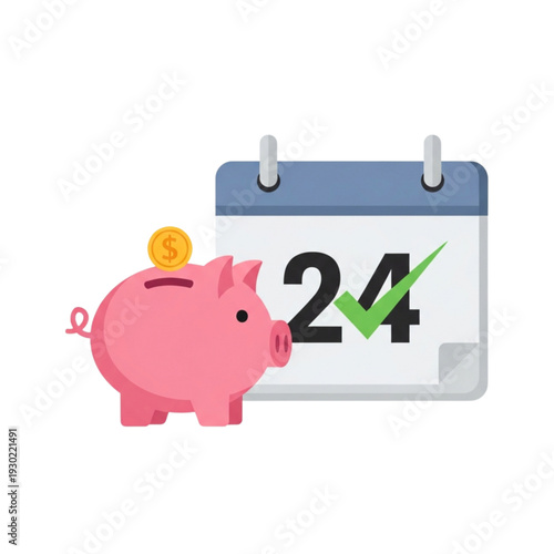 Pink piggy bank with a gold coin next to a calendar showing the 24th day with a green checkmark, symbolizing financial planning and savings deadlines.