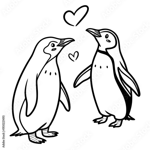 Simple cute doodle line art vector, two adorable penguins facing each other holding flippers with a small heart floating between them, minimal black line drawing on pure white background, strictly bla