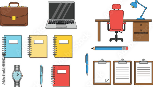 Office and school supplies set with laptop, desk, chair, notebooks, clipboard and stationery items in flat vector illustration style