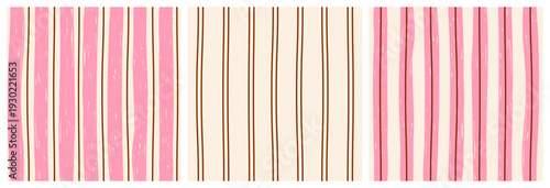 Set of abstract modern seamless different patterns of vertical pink brush-drawn stripes arranged in a row on a white background; simple hand-drawn vector illustration; sketch, drawing, flat style