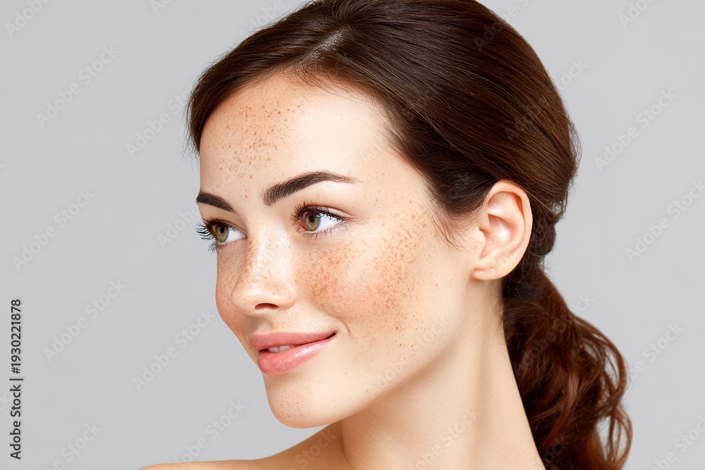 Naklejka premium A beautiful young woman with freckles and brown hair smiling softly