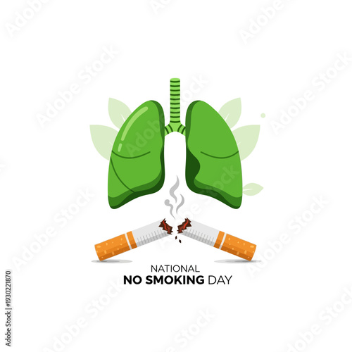 Illustration of a pair of green lungs above a broken cigarette, symbolizing National No Smoking Day and the harmful effects of smoking on respiratory health.