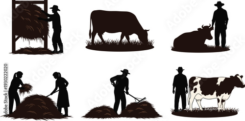 Black and brown silhouette set of farmers working with hay, cattle grazing in pasture, and dairy cows on a farm.