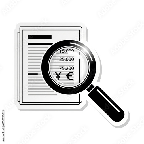 Magnifying glass examining a financial document with currency symbols.