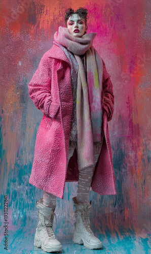 Stone sculpture of young woman wearing trendy winter clothes