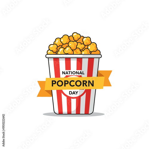 A cartoon illustration of a red and white striped popcorn bucket filled with golden popcorn, featuring a yellow banner that reads 'NATIONAL POPCORN DAY' on a white background.