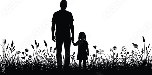 Black and white silhouette of a father holding his young daughter's hand while standing in a field of tall grass.