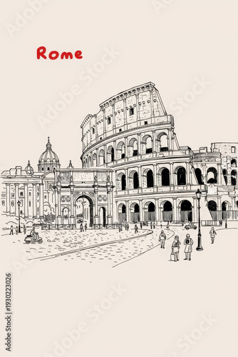 Rome, Italy Pen Line Art Illustration of City Landmark and Travel Scene