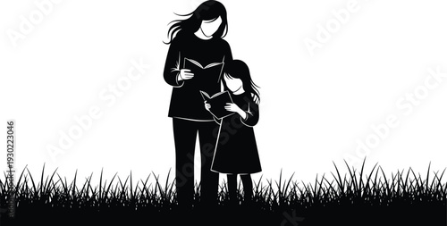 Black and white silhouette of a mother and young daughter standing in the grass reading books together, representing family literacy.