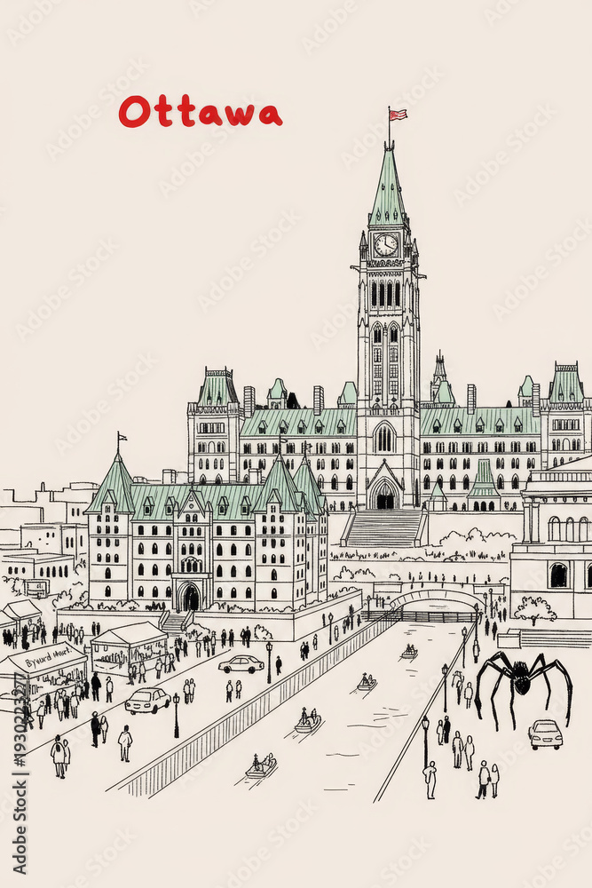 Fototapeta premium Ottawa, Canada Pen Line Art Illustration of City Landmark and Travel Scene