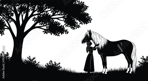 Black horse silhouette vector illustration of a wild stallion trotting, elegant equestrian animal profile isolated on white background for logo.