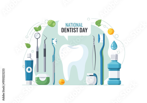 Illustration celebrating National Dentist Day with dental tools, toothpaste, toothbrush, mouthwash, and a large tooth.