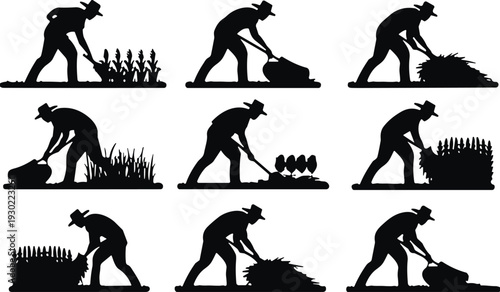 Set of farmer silhouettes working in field with agricultural tools harvesting crops and planting seeds isolated on white background for rural farming industry design