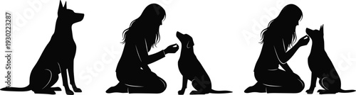 Black silhouette set of a woman training her dog, girl kneeling to feed and interact with puppy, pet care vector.
