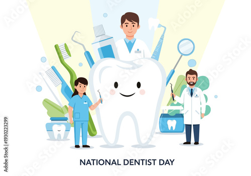 Illustration of National Dentist Day with cartoon dentists, a happy tooth, and dental tools.
