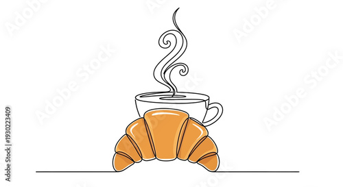 Fresh Croissant and Steaming Coffee Cup - Minimalist Line Art with Color Accent