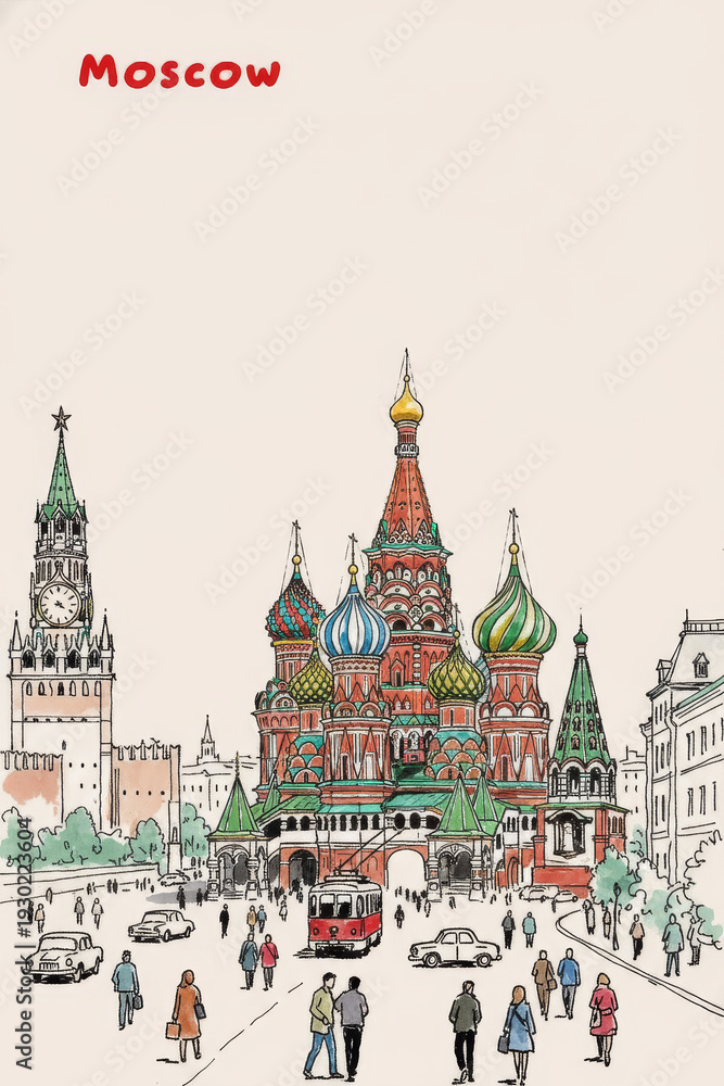 Naklejka premium Moscow, Russia Pen Line Art Illustration of City Landmark and Travel Scene