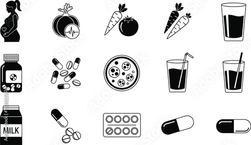 Healthy Pregnancy Nutrition and Wellness Icon Set, Maternal Care Symbols with Vegetables, Vitamins, Milk, and Water, Black Silhouette Healthcare Vector Illustration,