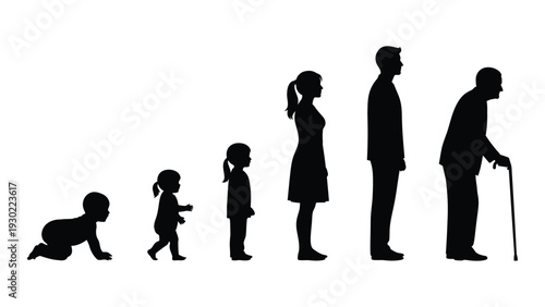 A black silhouette illustration of a person from baby to old man isolated on white background, Vector
