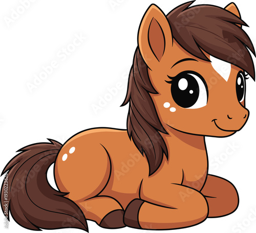 Cute cartoon baby horse character sitting down with brown mane and white forehead mark, adorable pony vector illustration for children.