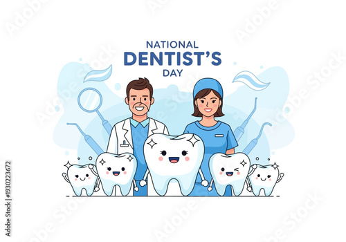 Cartoon illustration of a male dentist and female assistant celebrating National Dentist's Day with happy smiling teeth and dental tools.