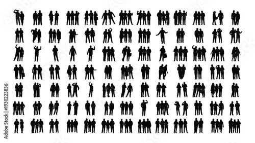A large group of people in silhouette are standing in rows isolated on white background, Vector