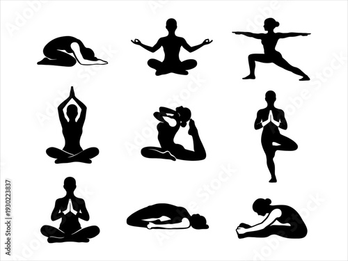 Diverse Yoga Practitioner Silhouette Icon Set for Mindfulness and Fitness